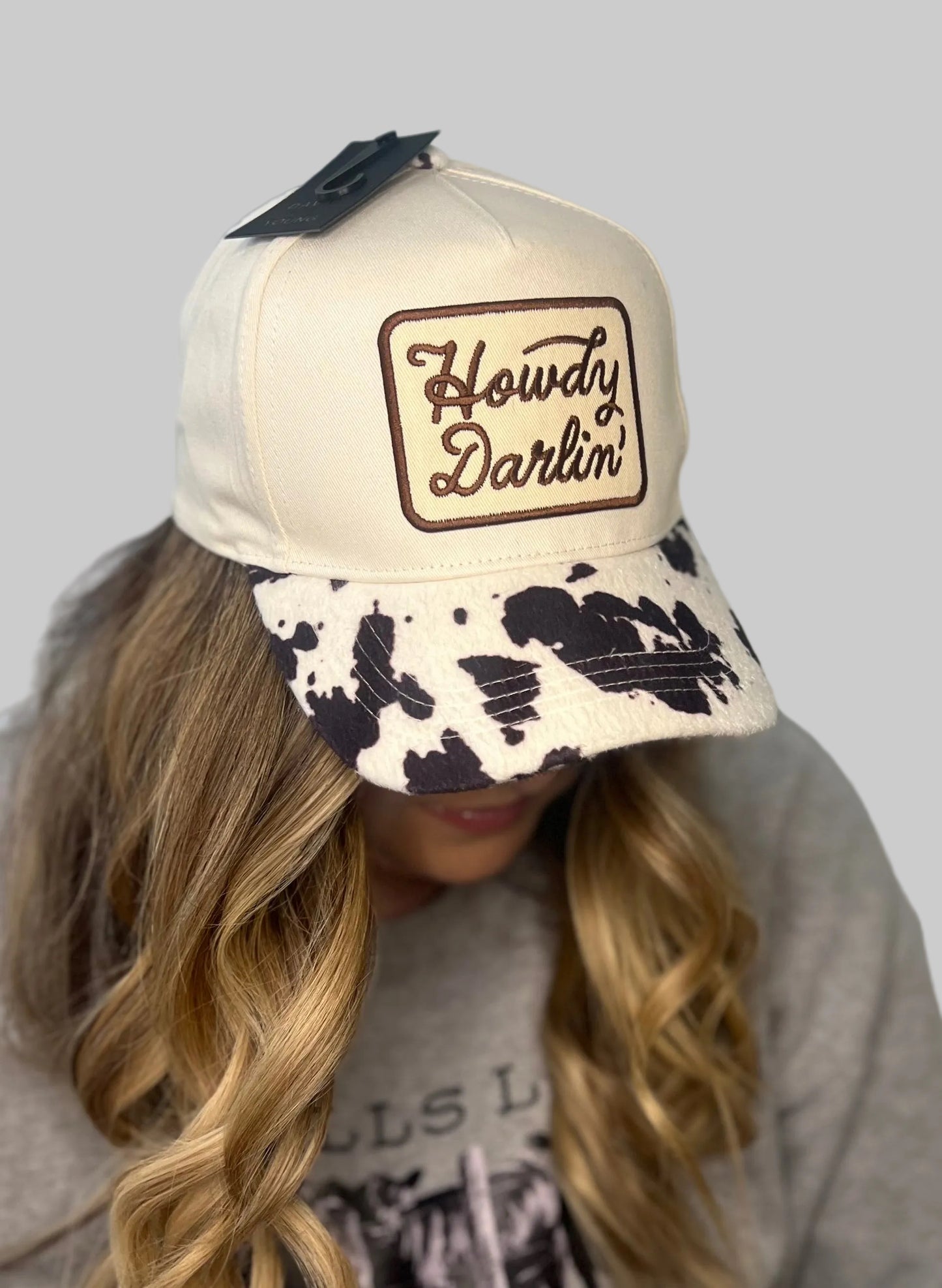 Howdy Darlin' Cowhide Print Trucker Hat