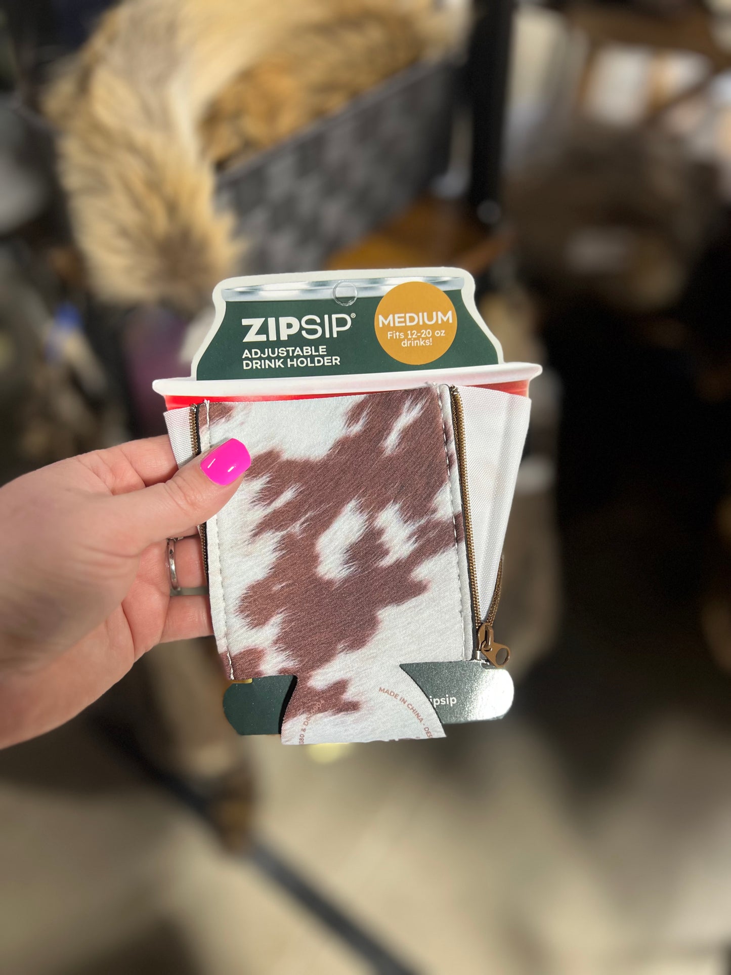 Cowhide Print Zip Can Coozie